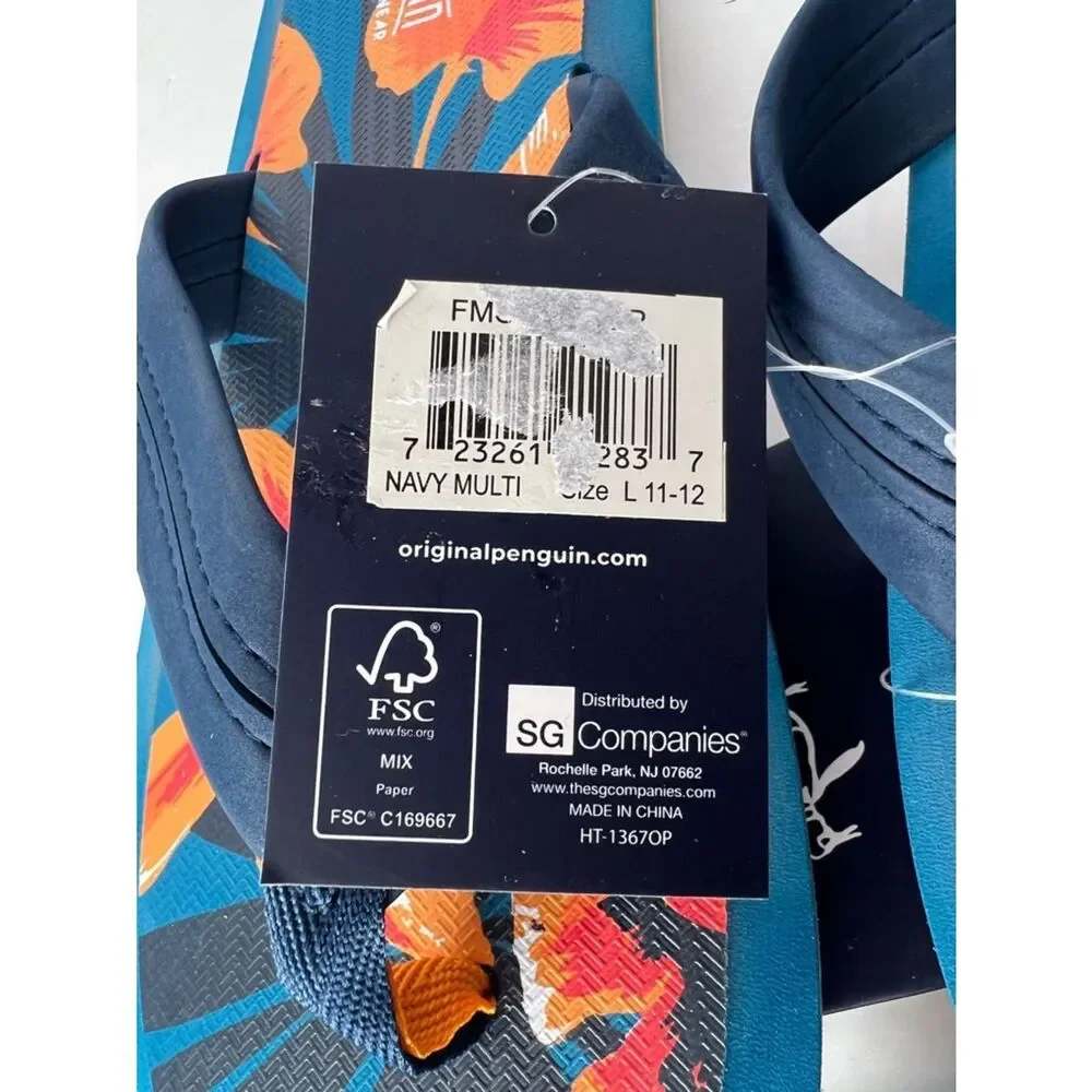 New Original Penguin Navy & Orange Tropical Floral Men's Flip Flops Various Sz